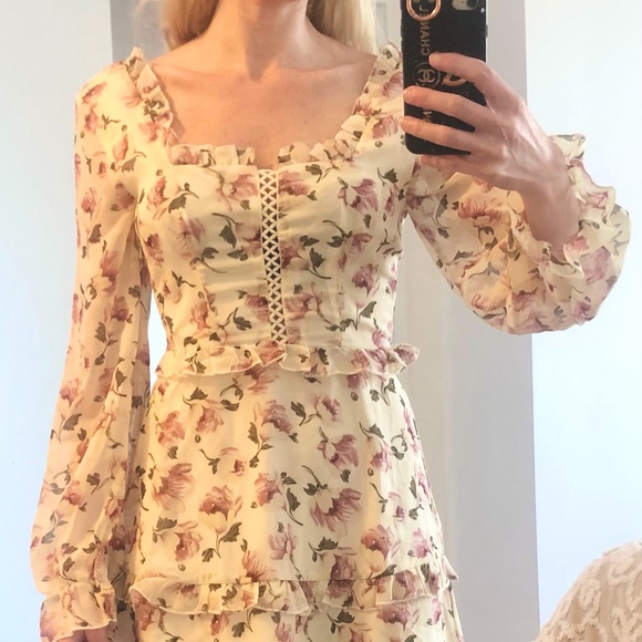 Floral cream lace up peasant dress - Picture 1 of 5